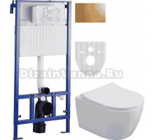 Комплект Унитаз подвесной STWORKI Ларвик 5512 безободковый, с микролифтом + Инсталляция 510163 + Кнопка Хельсинки 500474 золотая матовая