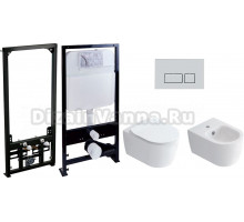 Комплект Унитаз подвесной STWORKI Ноттвиль SETK3104-2616 безободковый, с микролифтом + Инсталляция EWRIKA ProLT 0026-2020 с кнопкой смыва хром матовый + Биде подвесное STWORKI Ноттвиль + Инсталляция для биде AlcaPlast