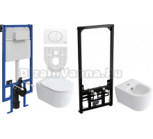 Комплект Унитаз подвесной STWORKI Ноттвиль SETK3104-2616 безободковый, с микролифтом + Инсталляция STWORKI 510162 с белой кнопкой смыва + Биде подвесное STWORKI Ноттвиль + Инсталляция для биде AlcaPlast