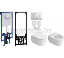 Комплект Унитаз подвесной STWORKI Ноттвиль SETK3104-2616 безободковый, с микролифтом + Инсталляция STWORKI 230822 с кнопкой смыва хром + Биде подвесное STWORKI Ноттвиль + Инсталляция для биде AlcaPlast