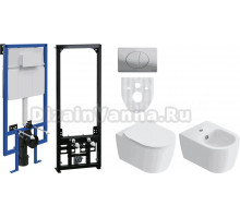 Комплект Унитаз подвесной STWORKI Ноттвиль SETK3104-2616 безободковый, с микролифтом + Инсталляция STWORKI 230822 с кнопкой смыва матовый хром + Биде подвесное STWORKI Ноттвиль + Инсталляция для биде AlcaPlast