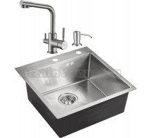 Комплект Мойка кухонная Domaci Равенна PVD EMB-117A брашированная сталь + Смеситель для кухни Domaci Равенна EC 3003 сатин + Дозатор для кухонной мойки Domaci Равенна 401 сатин