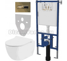 Комплект Унитаз подвесной Seramiksan Hill A031161H безободковый, с микролифтом + Система инсталляции для унитазов DIWO 4501 + Кнопка смыва DIWO 7325 золотая