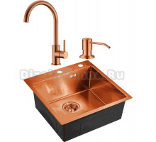 Комплект Мойка кухонная Domaci Равенна PVD EMB-117A медь, 50х50 см, квадратная, встраиваемая, российская + Смеситель для кухни Domaci Равенна ECB 3004 медь + Дозатор для кухонной мойки Domaci Равенна 401 медь