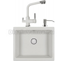 Комплект Мойка кухонная Domaci Солерно EMQ-1555.Р 55х46 см, кварцевая, квадратная, белая, встраиваемая + Смеситель для кухни Domaci Солерно EC-3003 агат + Дозатор для кухонной мойки Domaci Солерно 401 агат