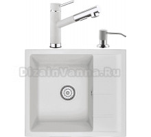 Комплект Мойка кухонная Domaci Солерно EMQ-1580.Q 58х50 см, белая, встраиваемая, кварцевая, с крылом + Смеситель для кухни Domaci Солерно EC-3012 агат + Дозатор для кухонной мойки Domaci Солерно 401 агат
