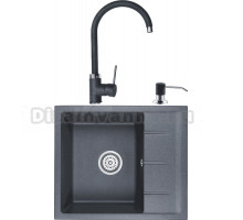 Комплект Мойка кухонная Domaci Солерно EMQ-1580.Q антрацит, 36х46 см, с крылом, кварцевая, прямоугольная, встраиваемая + Смеситель для кухни Domaci Солерно EC-3004 антрацит + Дозатор для кухонной мойки Domaci Солерно 401 антрацит