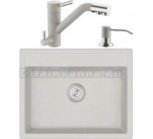 Комплект Мойка кухонная Domaci Солерно EMQ-1640.Q 64х51 см, белая, прямоугольная, кварцевая + Смеситель для кухни Domaci Солерно EC-3008 агат + Дозатор для кухонной мойки Domaci Солерно 401 агат