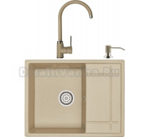 Комплект Мойка кухонная Domaci Солерно EMQ-1650.Q бежевая, 65х50 см, кварцевая, прямоугольная, с крылом, бежевая + Смеситель для кухни Domaci Солерно EC-3004 сардоникс + Дозатор для кухонной мойки Domaci Солерно 401 сардоникс