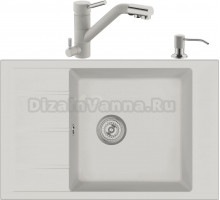 Комплект Мойка кухонная Domaci Солерно EMQ-1780.Q 78х50 см, белая, кварцевая, с крылом, прямоугольная + Смеситель для кухни Domaci Солерно EC-3008 агат + Дозатор для кухонной мойки Domaci Солерно 401 агат