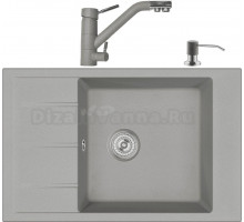 Комплект Мойка кухонная Domaci Солерно EMQ-1780.Q 80х50 см, серая, кварцевая, встраиваемая, с крылом + Смеситель для кухни Domaci Солерно EC-3008 барит + Дозатор для кухонной мойки Domaci Солерно 401 барит