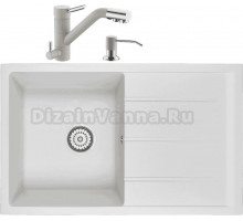 Комплект Мойка кухонная Domaci Солерно EMQ-1800.Q 80х50 см, белая, кварцевая, встраиваемая. с крылом + Смеситель для кухни Domaci Солерно EC-3008 агат + Дозатор для кухонной мойки Domaci Солерно 401 агат