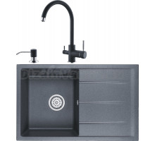 Комплект Мойка кухонная Domaci Солерно EMQ-1800.Q антрацит, 80х50 см, черная, кварцевая, с крылом, прямоугольная + Смеситель для кухни Domaci Солерно EC-3007 антрацит + Дозатор для кухонной мойки Domaci Солерно 401 антрацит