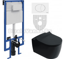 Комплект Унитаз подвесной STWORKI Ноттвиль SETK3104-2616 безободковый, с микролифтом, черный + Система инсталляции STWORKI 510162 + Кнопка смыва STWORKI 230824 белая