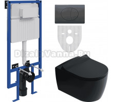 Комплект Унитаз подвесной STWORKI Ноттвиль SETK3104-2616 безободковый, с микролифтом, черный + Система инсталляции STWORKI 510162 + Кнопка смыва STWORKI 230858 черный матовый