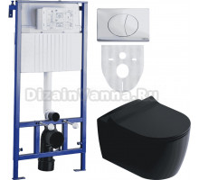 Комплект Унитаз подвесной STWORKI Ноттвиль SETK3104-2616 безободковый, с микролифтом, черный + Система инсталляции STWORKI 510163 + Кнопка смыва STWORKI Хельсинки 230822 хром глянцевый