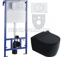 Комплект Унитаз подвесной STWORKI Ноттвиль SETK3104-2616 безободковый, с микролифтом, черный + Система инсталляции STWORKI 510163 + Кнопка смыва STWORKI 230824 белая