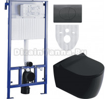 Комплект Унитаз подвесной STWORKI Ноттвиль SETK3104-2616 безободковый, с микролифтом, черный + Система инсталляции STWORKI 510163 + Кнопка смыва STWORKI 230858 черный матовый