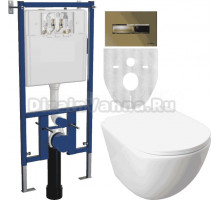 Комплект Унитаз подвесной DIWO 11338-1-2 11Z-IG11 безободковый, с микролифтом + Система инсталляции для унитазов DIWO 4501 + Кнопка смыва DIWO 7325 золотая