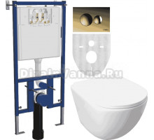 Комплект Унитаз подвесной DIWO 11338-1-2 11Z-IG11 безободковый, с микролифтом + Система инсталляции для унитазов DIWO 4501 + Кнопка смыва DIWO 7315 золотая