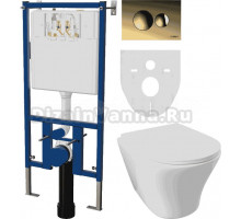 Комплект Унитаз подвесной DIWO Самара 11337-1-2 11Z-IG11 безободковый, с микролифтом + Система инсталляции для унитазов DIWO 4501 + Кнопка смыва DIWO 7315 золотая D