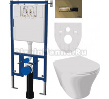 Комплект Унитаз подвесной DIWO Самара 11337-1-2 11Z-IG11 безободковый, с микролифтом + Система инсталляции для унитазов DIWO 4501 + Кнопка смыва DIWO 7325 золотая D