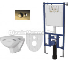 Комплект Унитаз подвесной DIWO Сочи безободковый, с микролифтом + Система инсталляции для унитазов DIWO 4501 с кнопкой смыва 7315 золотая