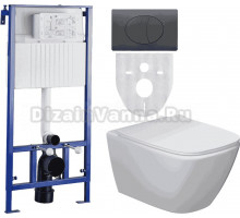 Комплект Унитаз подвесной STWORKI Карлстад 5610 безободковый с микролифтом + Система инсталляции STWORKI 510163 + Кнопка смыва STWORKI 230858 черный матовый