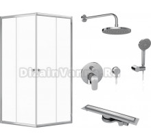 Комплект Душевой уголок DIWO Анапа 90х90, профиль хром глянец с Линейным трапом CK DRAIN 1105-00155 55 см и Встраиваемым душевым комплектом Ideal Standard Ceraflex BC447AA