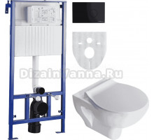 Комплект Унитаз подвесной STWORKI Хедмарк 3510 безободковый с микролифтом + Система инсталляции для унитазов STWORKI 510163 + Кнопка смыва STWORKI Хельсинки 500471 черная матовая