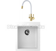 Комплект Мойка кухонная Ulgran U-404 -341 ультра-белая + Смеситель Lemark Comfort LM3075G-White с гибким изливом, золото, белый