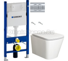 Комплект Унитаз подвесной Bauedge Stil BS0002 безободковый, с микролифтом, белый + Инсталляция Geberit Duofix Delta 458.149.21.1 с кнопкой смыва, хром