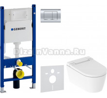 Комплект Унитаз подвесной Geberit AquaClean Sela 146.224.11.1 альпийский белый + Инсталляция Duofix Delta 458.163.21.1 с кнопкой смыва, хром + Шумоизоляция