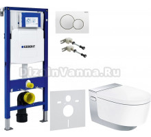 Комплект Унитаз подвесной Geberit AquaClean Mera Comfort 146.214.21.1 с системой удаления запахов, глянцевый хром + Крепления Duofix 111.815.00.1 к стене + Шумоизоляция + Инсталляция UP 320 111.300.00.5 + Кнопка Sigma 01 115.770.11.5 белая