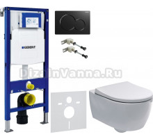 Комплект Унитаз подвесной Geberit iCon + Крышка Slim 500.670.01.1 + Крепления Duofix 111.815.00.1 к стене + Шумоизоляция + Инсталляция UP 320 111.300.00.5 + Кнопка Sigma 01 115.770.DW.5 черная