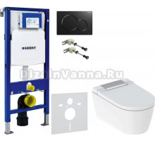 Комплект Унитаз подвесной Geberit AquaClean Sela 146.224.21.1 вставка глянцевый хром + Крепления Duofix 111.815.00.1 к стене + Шумоизоляция + Инсталляция UP 320 111.300.00.5 + Кнопка Sigma 01 115.770.DW.5 черная