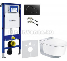 Комплект Унитаз подвесной Geberit AquaClean Mera Comfort 146.214.21.1 с системой удаления запахов, глянцевый хром + Крепления Duofix 111.815.00.1 к стене + Шумоизоляция + Инсталляция UP 320 111.300.00.5 + Кнопка Sigma 01 115.770.DW.5 черная