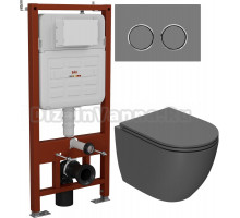 Комплект Унитаз подвесной Bauedge Dream BL0001-DG безободковый, с микролифтом, темно-серый матовый + Инсталляция Ideal + Кнопка Round серый металлик