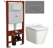 Комплект Унитаз подвесной Bauedge Stil BS0002 безободковый, с микролифтом, белый + Инсталляция Ideal + Кнопка Round серый металлик