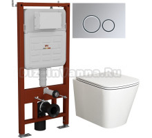 Комплект Унитаз подвесной Bauedge Stil BS0002 безободковый, с микролифтом, белый + Инсталляция Ideal + Кнопка Round хром