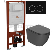 Комплект Унитаз подвесной Bauedge Dream BL0001-DG безободковый, с микролифтом, темно-серый матовый + Инсталляция Ideal + Кнопка Round черная матовая