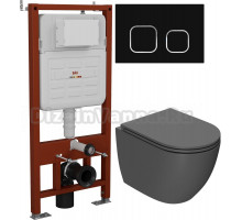 Комплект Унитаз подвесной Bauedge Dream BL0001-DG безободковый, с микролифтом, темно-серый матовый + Инсталляция Ideal + Кнопка Strike черная матовая