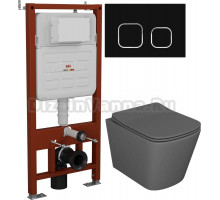 Комплект Унитаз подвесной Bauedge Stil BS0002 безободковый, с микролифтом, темно-серый матовый + Инсталляция Ideal + Кнопка Strike черная матовая