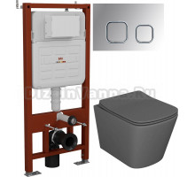 Комплект Унитаз подвесной Bauedge Stil BS0002 безободковый, с микролифтом, темно-серый матовый + Инсталляция Ideal + Кнопка Strike хром