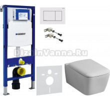 Комплект Унитаз подвесной Geberit iCon Square 201950000 + Крышка Square 571910000 + Крепления Duofix 111.815.00.1 к стене + Шумоизоляция + Инсталляция UP 320 111.300.00.5 + Кнопка Sigma 30 115.883.JT.1 белая матовая, хром глянцевый