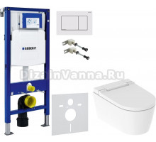 Комплект Унитаз подвесной Geberit AquaClean Sela 146.224.11.1 альпийский белый + Крепления Duofix 111.815.00.1 к стене + Шумоизоляция + Инсталляция UP 320 111.300.00.5 + Кнопка Sigma 30 115.883.JT.1 белая матовая, хром глянцевый