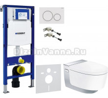 Комплект Унитаз подвесной Geberit AquaClean Mera Comfort 146.214.21.1 с системой удаления запахов, глянцевый хром + Крепления Duofix 111.815.00.1 к стене + Шумоизоляция + Инсталляция UP 320 111.300.00.5 + Кнопка Sigma 20 115.882.11.1 белая
