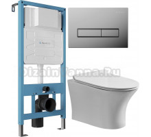 Комплект Унитаз подвесной STWORKI Дублин Db-01UP безободковый, с микролифтом, подвесной, с прямым выпуском, фарфоровый + Инсталляция Aqueduto Tecnica TEC01 + Кнопка Retangulo RET0100 хром