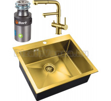 Комплект Мойка кухонная Zorg Inox PVD Inox Pvd SZR-5951 bronze + Смеситель Sanitary SZR-3216 Bronze бронза + Измельчитель Bort Titan 4000 Control