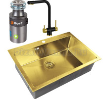 Комплект Мойка кухонная Zorg Inox PVD Inox Pvd SZR-7551 bronze + Смеситель Sanitary ZR 348 YF BLACK BRONZE + Измельчитель Bort Titan 4000 Plus